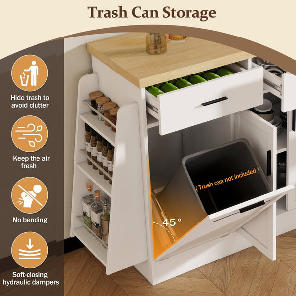 English Elm Trexm Farmhouse Kitchen Sideboard with Hidden Trash Cabinet and Built-in Spice Rack White XW000027AAK