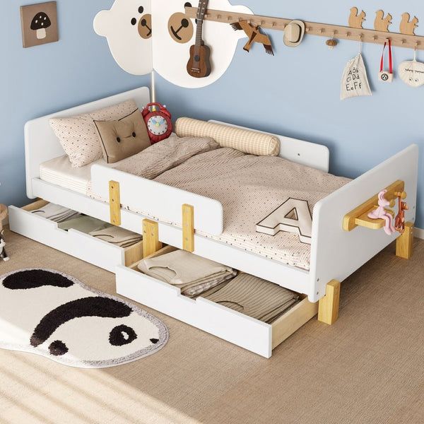 English Elm Twin Low Profile Kids Floor Bed Pine Wood Frame with Safety Rail and Built in Bookshelf Light White W1580P373241