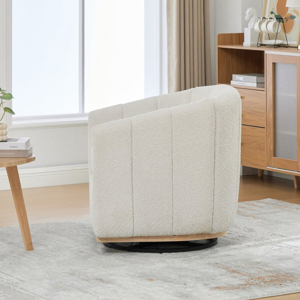 English Elm 31.89 Inch Chenille Tufted Swivel Barrel Armchair Pumpkin Sculpted Design for Living Rooms Ivory W3098P397230