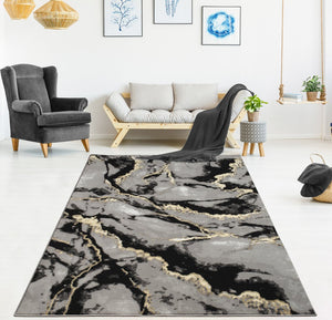 English Elm "Tali" Tali Luxury Area Rug - Modern Grey & Black Abstract Design With Gold Accents For Stylish Interiors B030P216143
