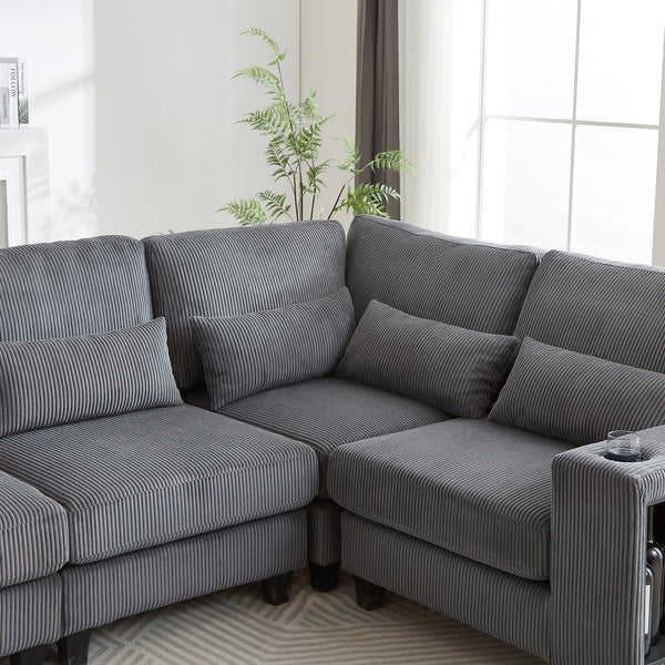 English Elm 102.75*102.75" L-Shaped Modular Sectional Sofa with Corduroy Upholstery, Storage Arm, Cup Holder, 5-Seat Convertible Lounge Grey W1926S00055