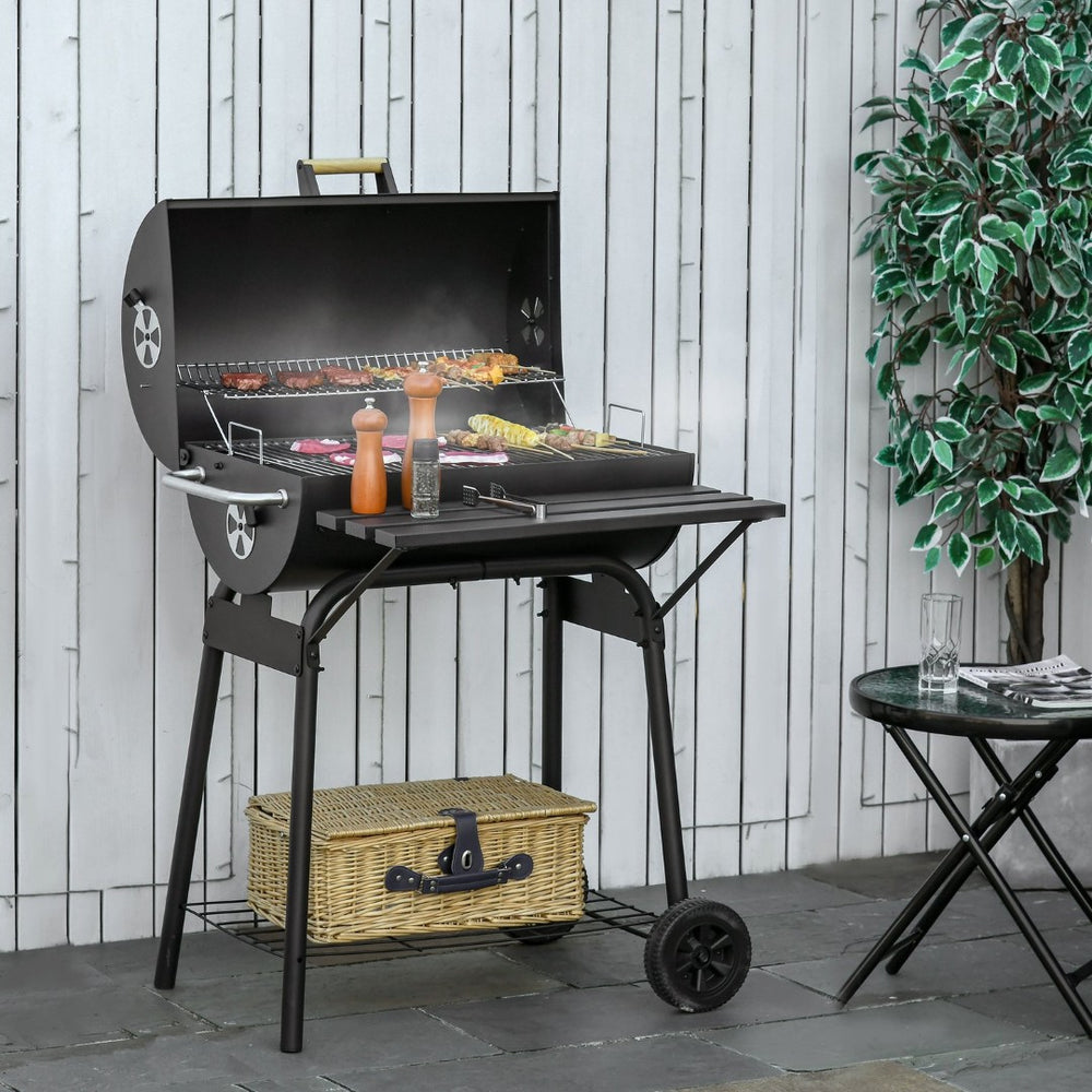 English Elm Outsunny Barrel Charcoal Smoker Grill with Offset Firebox Wheels and Storage Shelves W2225P174308