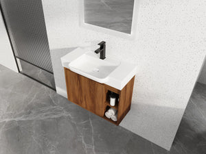 English Elm 28'' 28" Wall-Mounted Bathroom Vanity with White Ceramic Sink, Soft-Close Door, Open Shelves, KD-Pack W999P263409