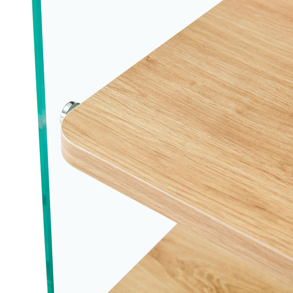 English Elm Three Triple-Layer Bedside Table with MDF Top & Tempered Glass Legs, Storage, Minimalist Warmth W1512P387008