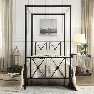 English Elm Black Queen Platform Canopy Bed with Double X Metal Frame and Medallion Accents for Modern-Traditional Bedrooms Black 80.5 L x 20.5 W x 4.5 H B011P207847