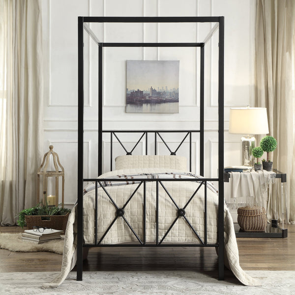 English Elm Black Queen Platform Canopy Bed with Double X Metal Frame and Medallion Accents for Modern-Traditional Bedrooms Black 80.5 L x 20.5 W x 4.5 H B011P207847