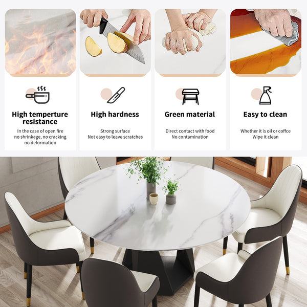 English Elm 59.05" Round Marble Dining Table - Elegant Black Iron Base, Seats 6-8, Modern Sintered Stone Design W1535S00401