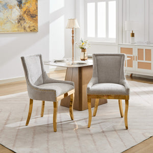 English Elm Chenille Modern Dining Chair with Curved Gold-Plated Legs, Rivet Trim, Textured Upholstery Comfort Beige W1143P332684