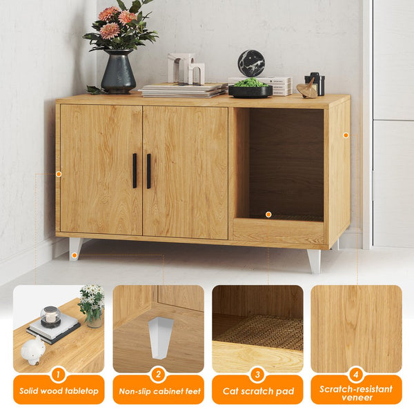 English Elm STARY Hidden Cat Litter Box Enclosure Furniture with Scratch Pad, Odor-Control, Sturdy 120LB Load Natural T3623P339385