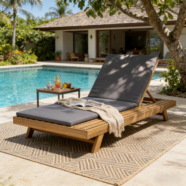 English Elm Lounge Chaise Outdoor Acacia Wood Slatted Frame with Water Resistant Cushion Resort Style Dark Gray,Light Brown N770P442L18G