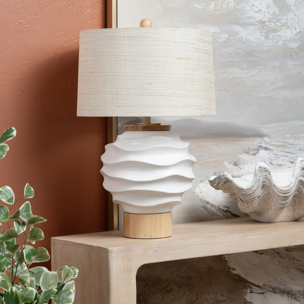 Crestview Collection 28.5"H Ceramic Table Lamp - Stylish White Glazed Finish, Textured Ridges & Elegant Oatmeal Shade   Cvazp111