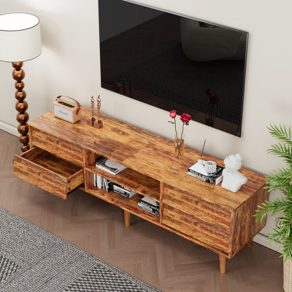 English Elm 63 Vintage Bevel TV Stand 63-inch Media Console with Drawers and Open Shelves, Rustic Artful Design Brown W578P193297