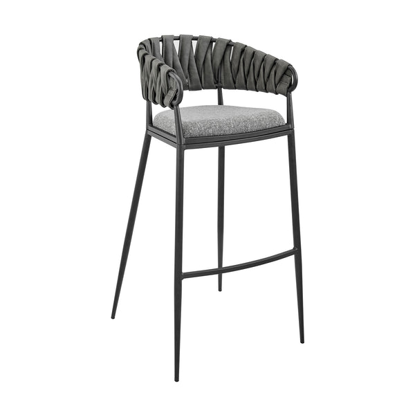 English Elm Zaren 30" Bar Stool — Black Metal Frame, Gray Faux Leather & Fabric Seat, Durable 4-Leg Support B2736P268560