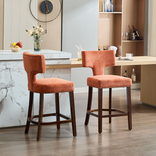 English Elm Mid Century Modern Counter Height Bar Stools Set of 2 with Curved Copper-Stud Back, Foam Spring Cushion, Walnut Legs and Adjustable Balance Studs Orange W1143P296349