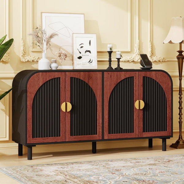 English Elm Vintage Arched Four Door Buffet Cabinet Mdf Wood Grain Finish with Soft Close Hinges W688P389191