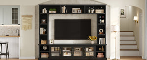 English Elm Entertainment Wall Unit with Glass Doors Open Shelving Mdf Living Room Storage Black N710S688100B