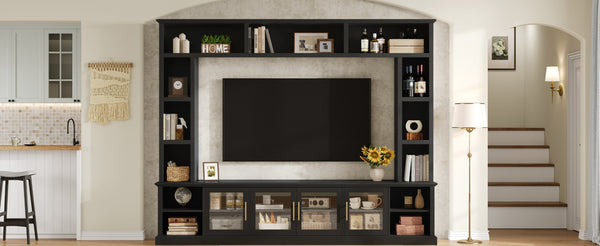English Elm Entertainment Wall Unit with Glass Doors Open Shelving Mdf Living Room Storage Black N710S688100B