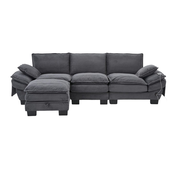 English Elm Sectional Cloud Sofa Modular Deep Seat Corduroy Upholstered Living Room Couch with Storage Dark Gray W395S00133