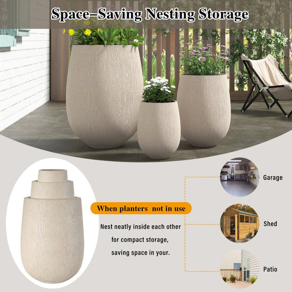 English Elm U_style Egg Shaped Mgo Stone Look Planters Set of 3 Sculptural Pots for Patio Garden N711P406659A