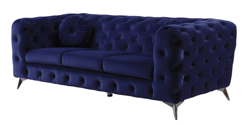English Elm Atronia Blue Velvet Sofa with Button Tufting, Pocket Coil Seat & Metal Tapered Legs, 660lb Capacity B2726P317195