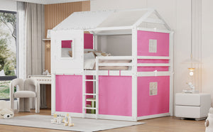 English Elm Full Size Kids Playhouse Bunk Bed Pinewood Frame with Tent Roof and Window Cutouts Pink LT000380AAH-1
