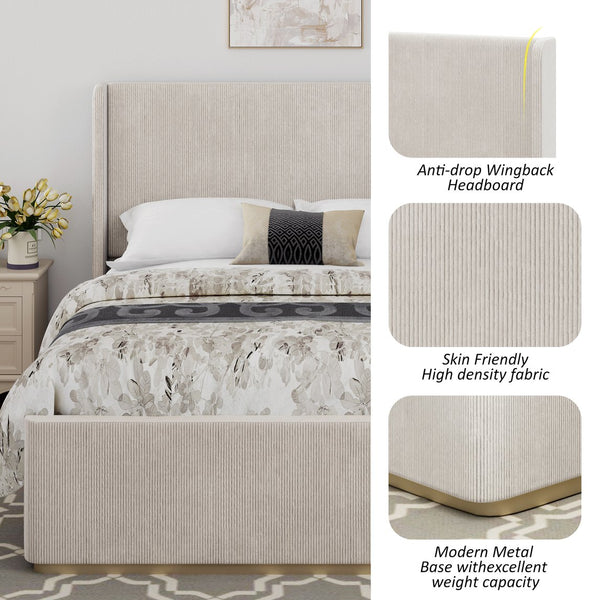 English Elm Queen Corduroy Upholstered Bed with Vertical-Stripe Wingback Headboard, High Footboard, Metal Frame Durability N701P201393E