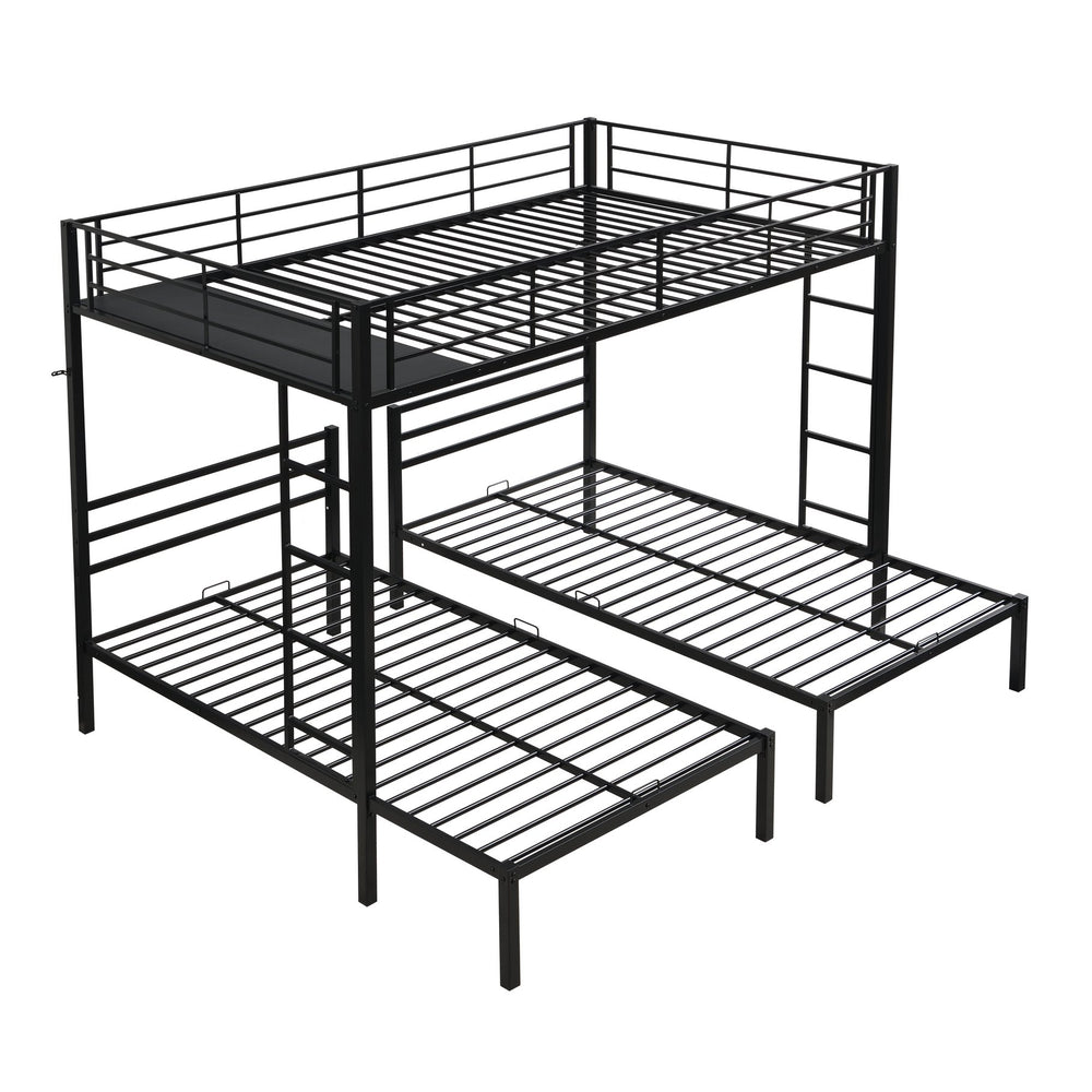 English Elm Full Metal Triple Bunk Bed Full over Twin over Twin with Vertical Ladder, Safety Rails & Shelf Black W2297S00026