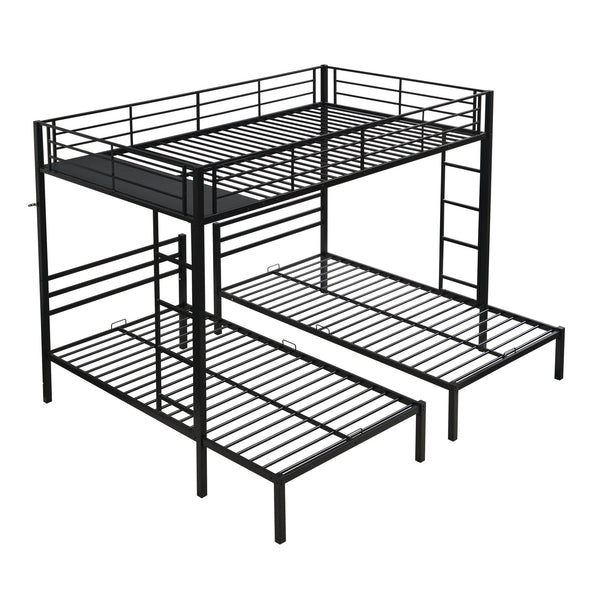 English Elm Full Metal Triple Bunk Bed Full over Twin over Twin with Vertical Ladder, Safety Rails & Shelf Black W2297S00026