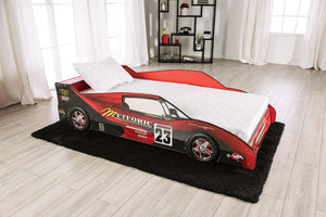 English Elm Modern Twin Race Car Bed With High Gloss Red Finish, Metal Support & Slat Kit - Ignite Imagination! B2741S00498