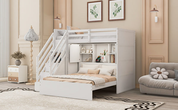 English Elm Twin Over Full Bunk Bed with Wardrobe Storage Stairs Shelves and Usb Charging White LT000292AAK