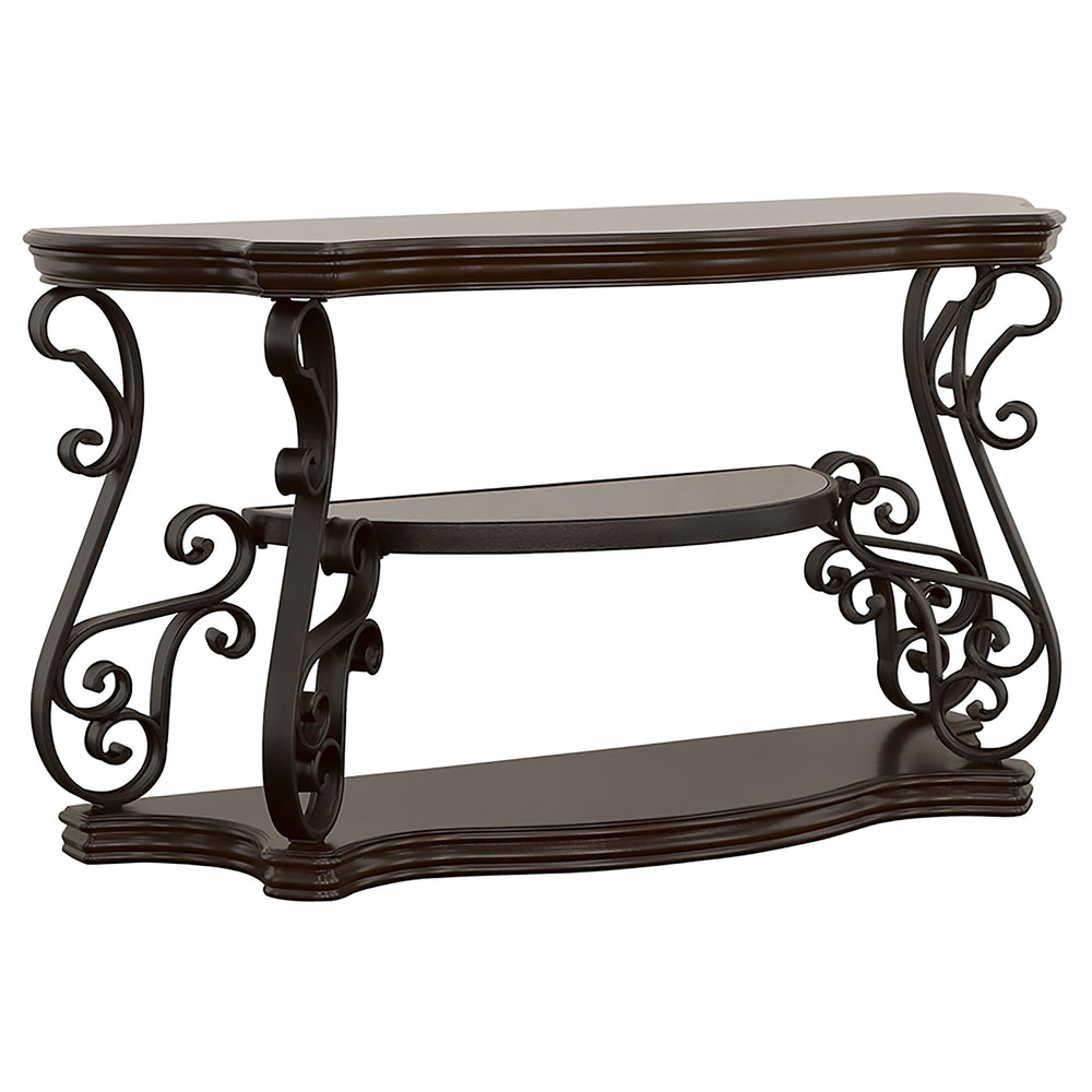 English Elm Gretta Merlot console table with bronze scrollwork legs, polished wood shelves, elegant hallway focal piece B062P333395