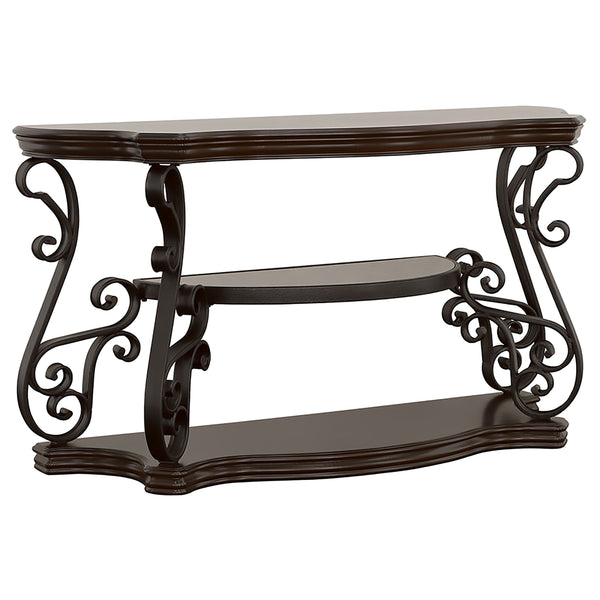 English Elm Gretta Merlot console table with bronze scrollwork legs, polished wood shelves, elegant hallway focal piece B062P333395