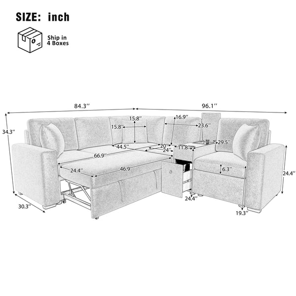 English Elm 120.5" L-shaped Convertible Sofa Bed Modular Sectional with Pull-Out Sleeper, Chenille, Storage, Cup Holders White N719S001940K