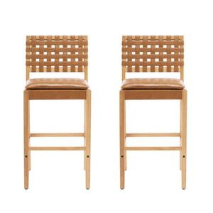 English Elm Christopher Knight Home® - Rieti PU Leather Barstools Set of 2 — Natural Rubberwood Frame, Geometric Crossback, Riveted Accents N775P271408B