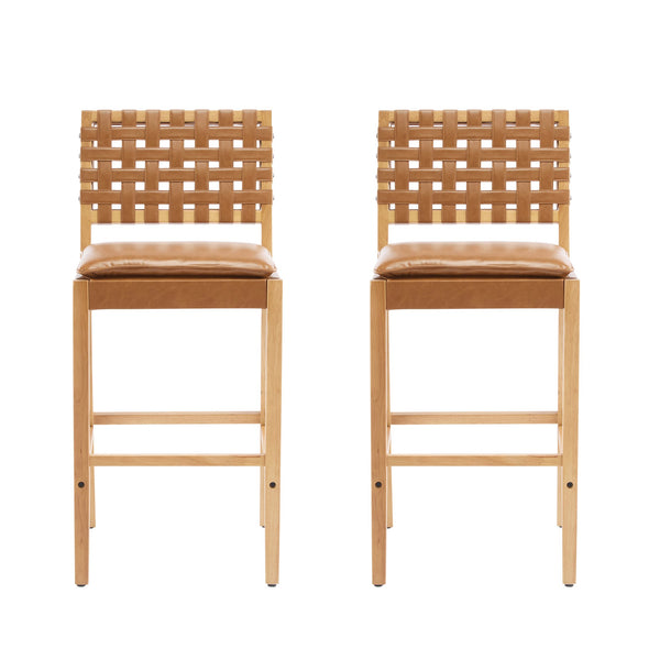 English Elm Christopher Knight Home® - Rieti PU Leather Barstools Set of 2 — Natural Rubberwood Frame, Geometric Crossback, Riveted Accents N775P271408B