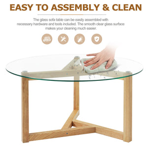 English Elm [New Round Glass Coffee Table] 8mm Tempered Top, Sturdy Tripod Wood Base, Modern Easy Assembly, Natural Finish WF293702AAA