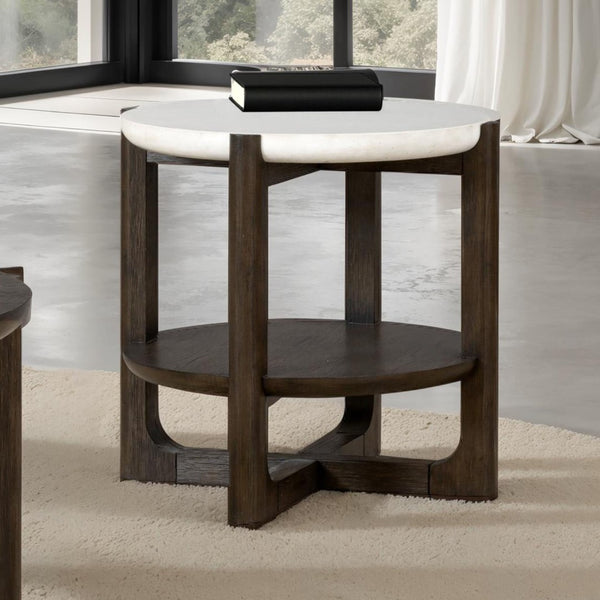 English Elm Transitional End Table With Quartz Stone Top And Dark Walnut Trestle Base For Stylish Living Rooms B2741P404268-GIGA
