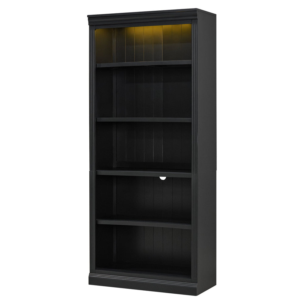 English Elm 83.4" Tall Wood Bookcase with LED Light Strip, 5-Tier Adjustable Shelves, Cable Hole, Modern Black Storage Organizer N751S246934B