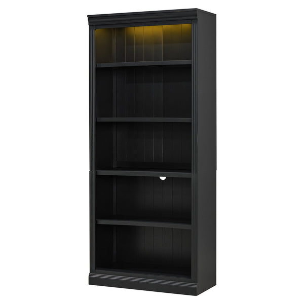 English Elm 83.4" Tall Wood Bookcase with LED Light Strip, 5-Tier Adjustable Shelves, Cable Hole, Modern Black Storage Organizer N751S246934B