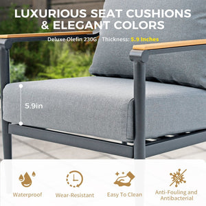 English Elm 4-piece Outdoor Aluminum Conversation Set with Thick Olefin Cushions Teak Accent Table T5880S00022