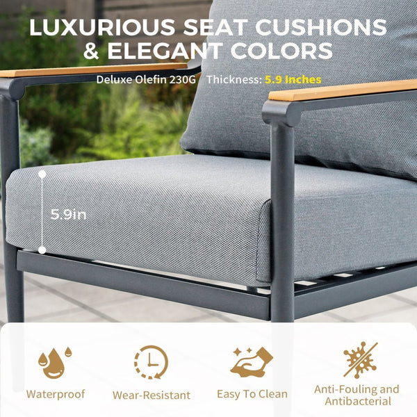 English Elm 4-piece Outdoor Aluminum Conversation Set with Thick Olefin Cushions Teak Accent Table T5880S00022