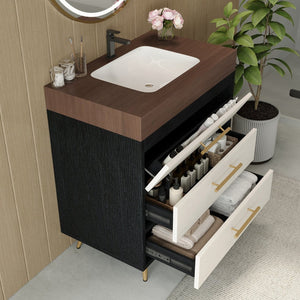 English Elm Modern Freestanding Bathroom Vanity with Vessel Sink Sintered Stone Gold Legs W3136S00047