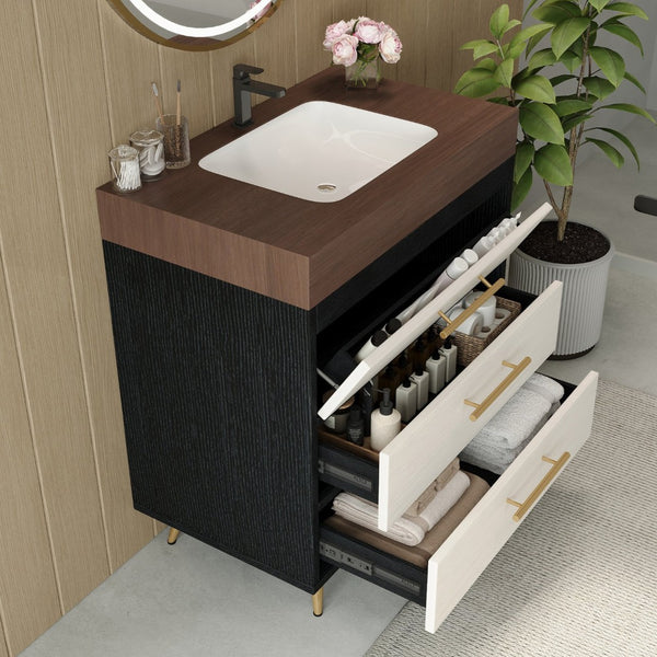 English Elm Modern Freestanding Bathroom Vanity with Vessel Sink Sintered Stone Gold Legs W3136S00047