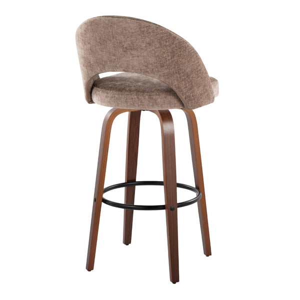 English Elm Fixed-height Mid-century Barstools with Walnut Legs and Grey Upholstered Seats Set B202S01931