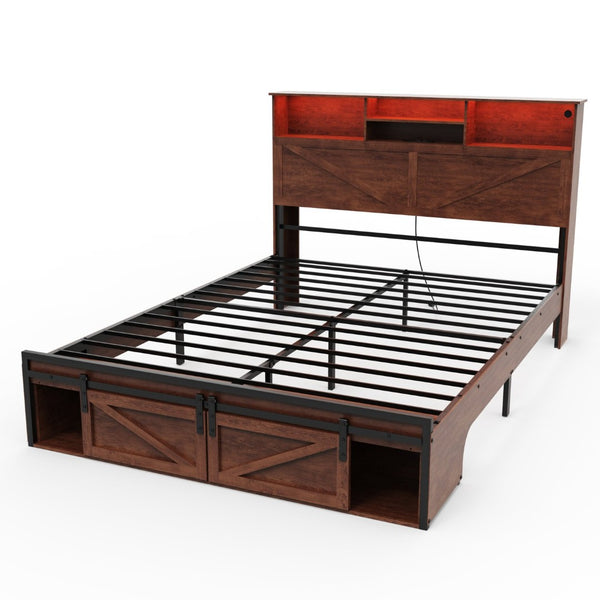 English Elm Farmhouse Queen Bed with Storage Headboard Led Lighting and Built in Charging Station W1550P343688