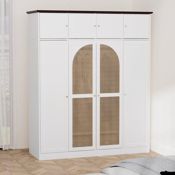 English Elm 70.87"tall Rattan Door Armoire Freestanding Wardrobe with Adjustable Shelves Hanging Rod White W757S00055