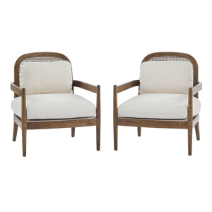 English Elm [set of 2] Mid-century Rattan Back Armchairs Solid Wood Legs Beige Upholstered Seat N767P298390L