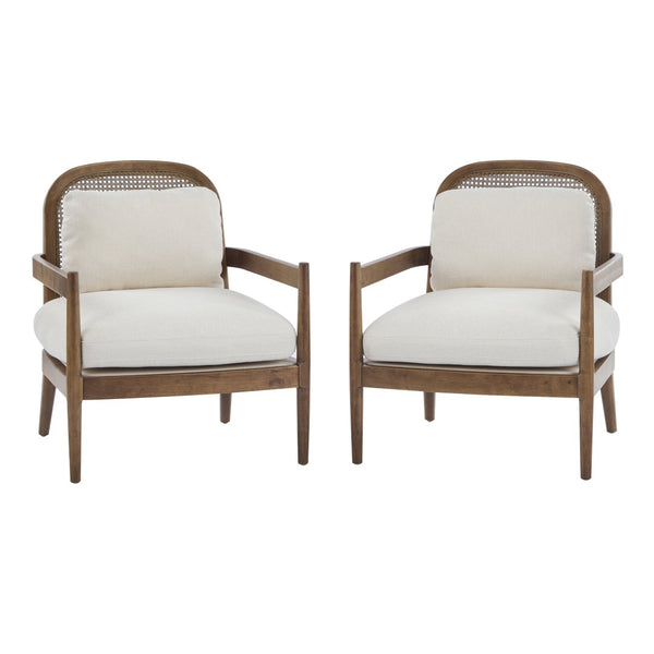 English Elm [set of 2] Mid-century Rattan Back Armchairs Solid Wood Legs Beige Upholstered Seat N767P298390L