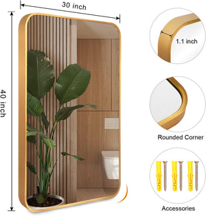 English Elm 30x40 Inch Metal Framed Rectangular Bathroom Mirror 4mm HD Glass Shatterproof Film Modern Design Gold W2203P303034