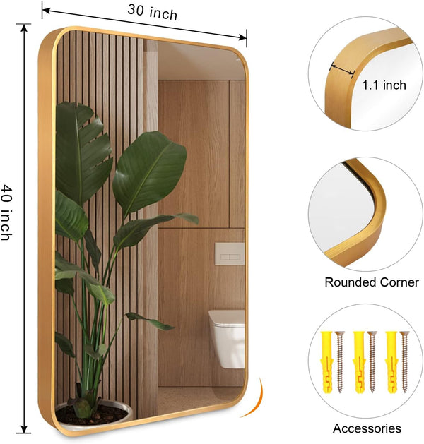 English Elm 30x40 Inch Metal Framed Rectangular Bathroom Mirror 4mm HD Glass Shatterproof Film Modern Design Gold W2203P303034
